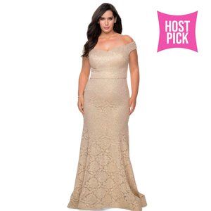 La Femme 28883 Nude Off the Shoulder Plus Size Lace Evening Gown Size 16W
